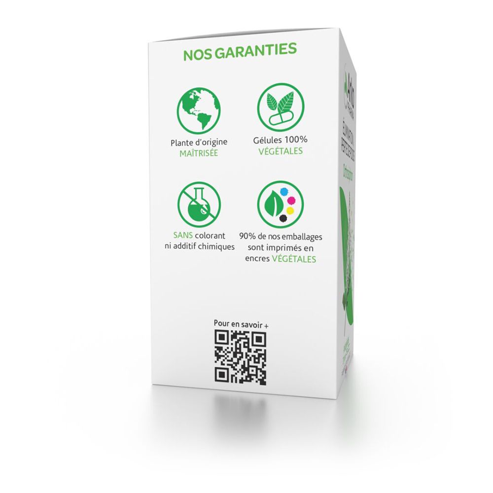 Côté de la boîte avec logos. Logos : Plante d'origine maîtrisée, Gélules 100% végétales, Sans colorant ni additif chimiques.