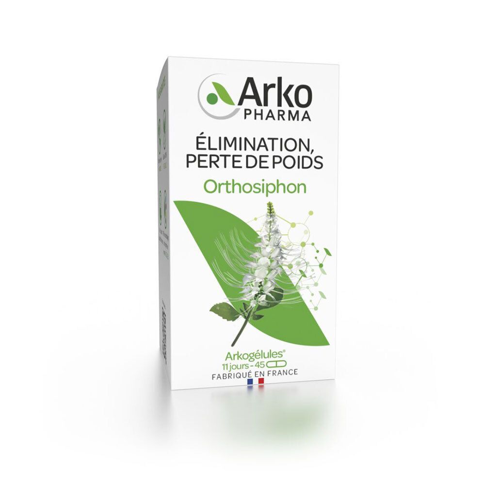 Boîte blanche Arko Pharma Orthosiphon. Inscription « Élimination, perte de poids ». Drapeau français.