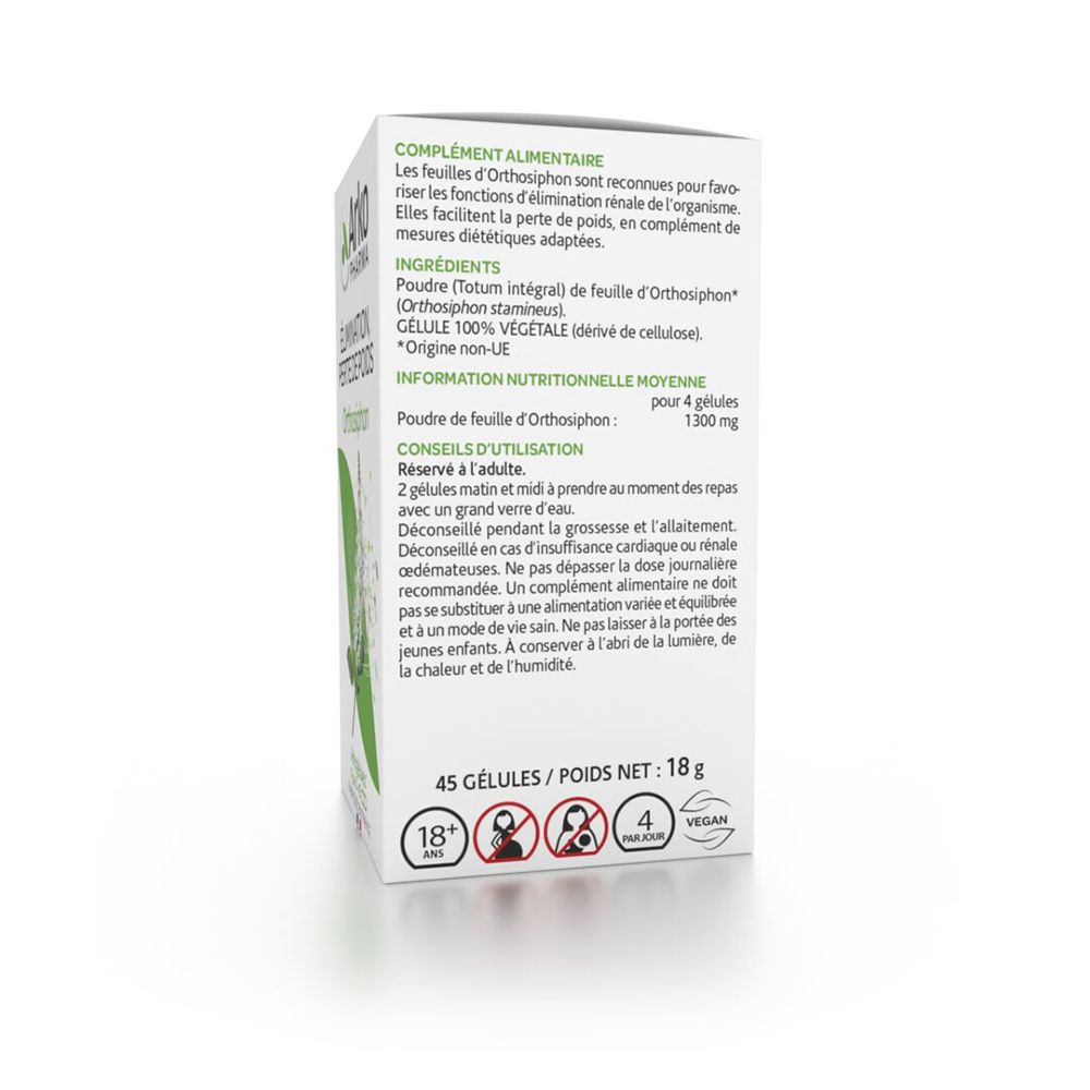 Arrière de la boîte ArkoPharma Orthosiphon avec détails sur les ingrédients et conseils d'utilisation.