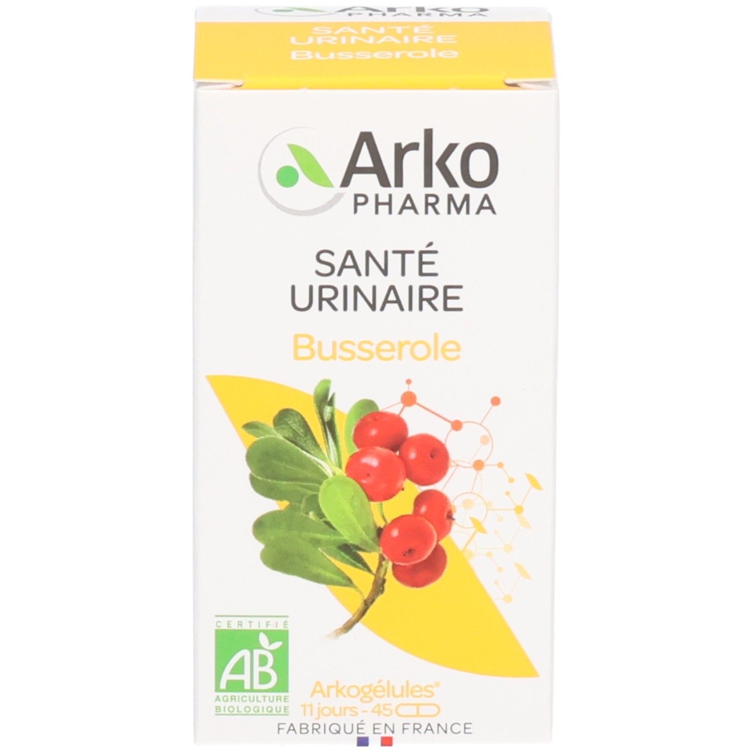 Emballage du produit. Logo, nom du produit et illustration. Contient 45 gélules.