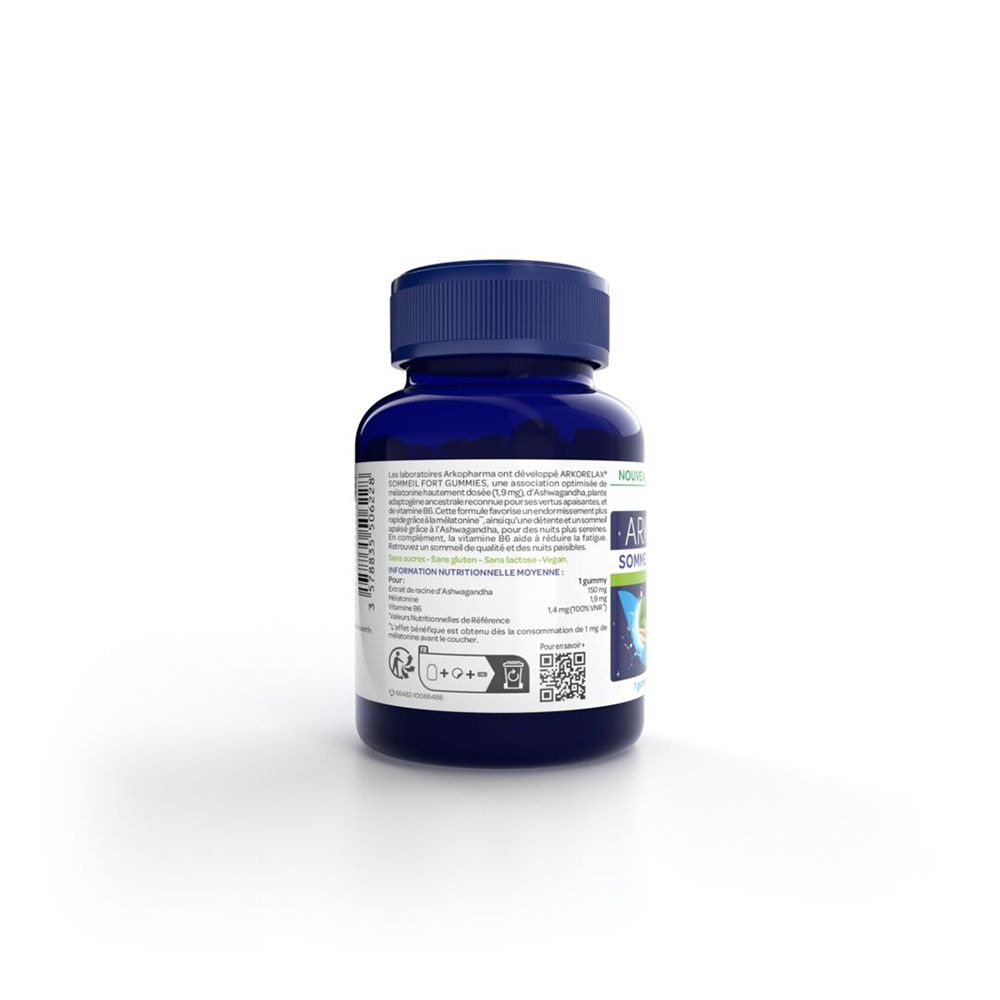 Dos du flacon bleu. Informations textuelles sur une étiquette blanche. Informations sur le produit et valeurs nutritionnelles.