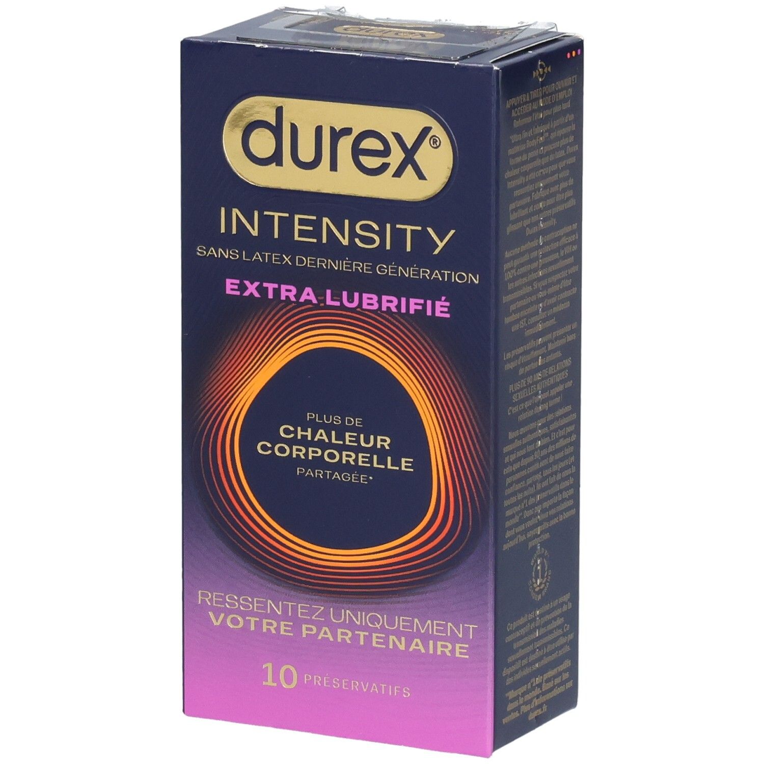 Boîte de préservatifs Durex Intensity, 10 unités, extra lubrifiés, sans latex.