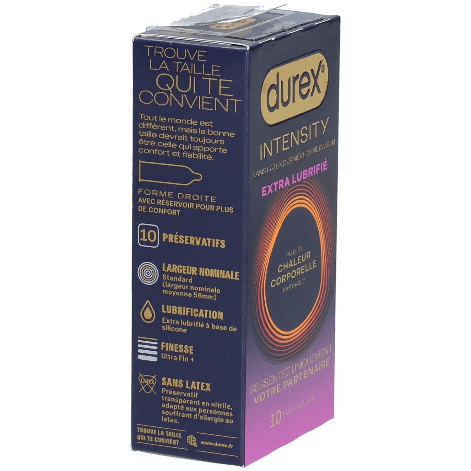 Boîte Durex Intensity, 10 préservatifs, détails sur la taille et le matériau.