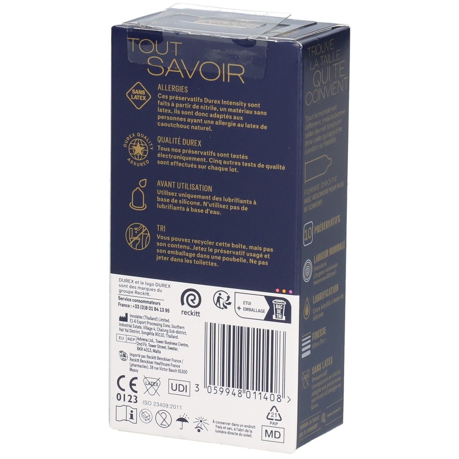 Arrière de la boîte Durex Intensity, informations produit et certifications.