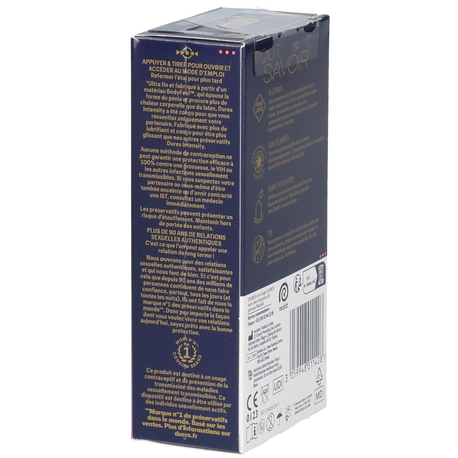 Vue latérale de la boîte Durex Intensity avec instructions d'utilisation détaillées.