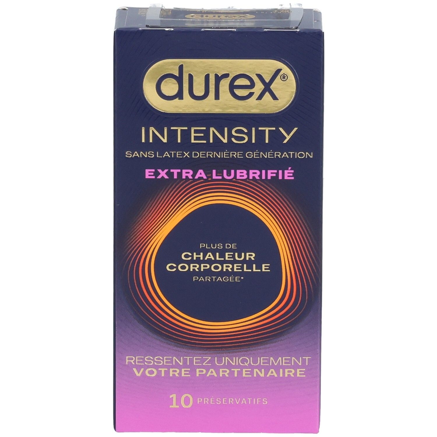 Boîte de préservatifs Durex Intensity, 10 unités, extra lubrifiés, sans latex.