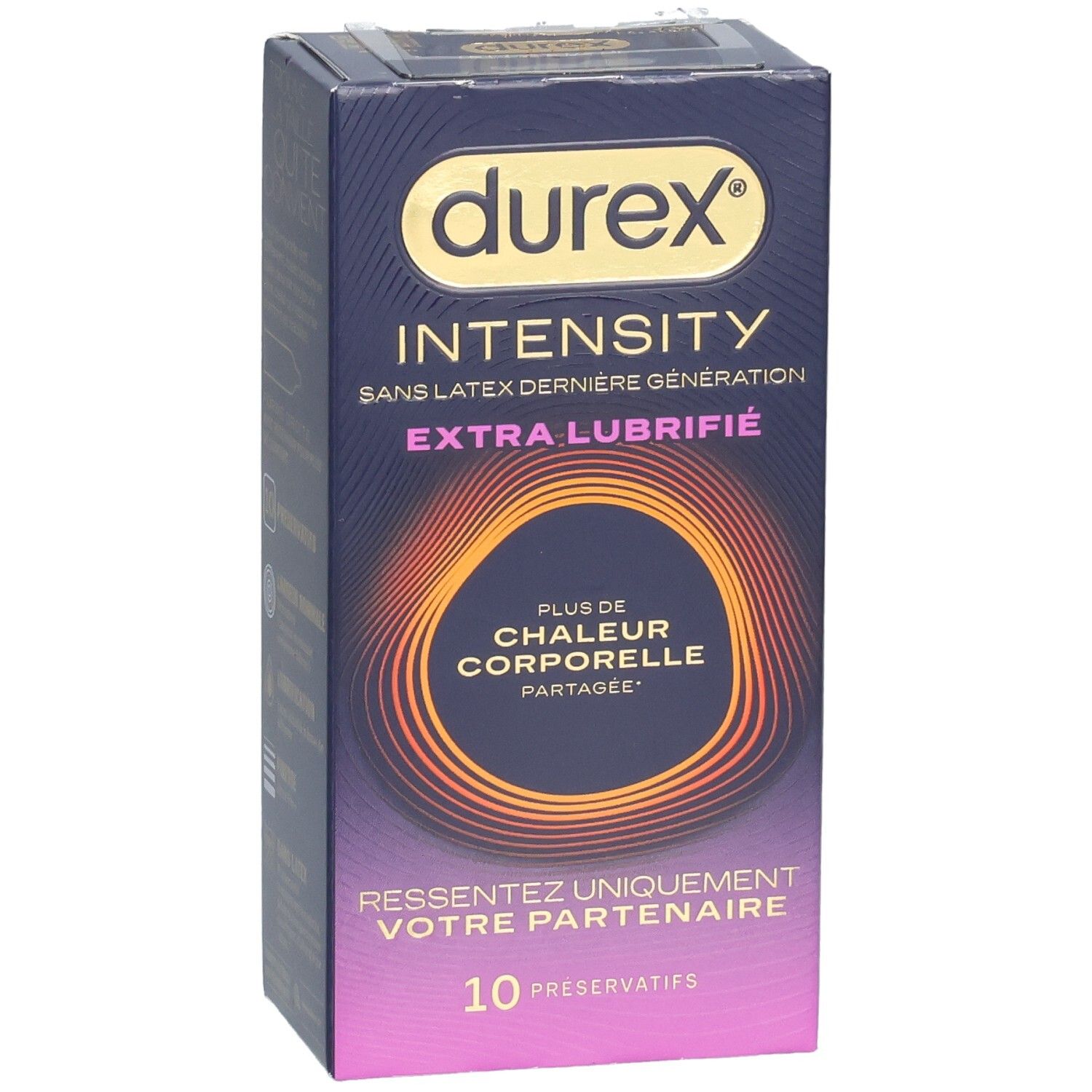 Boîte de préservatifs Durex Intensity, 10 unités, extra lubrifiés, sans latex.