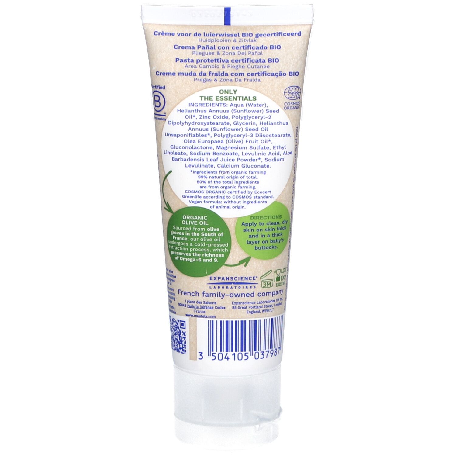 Dos du tube de crème. Texte avec ingrédients et instructions d'utilisation. Certification bio et formule vegan.