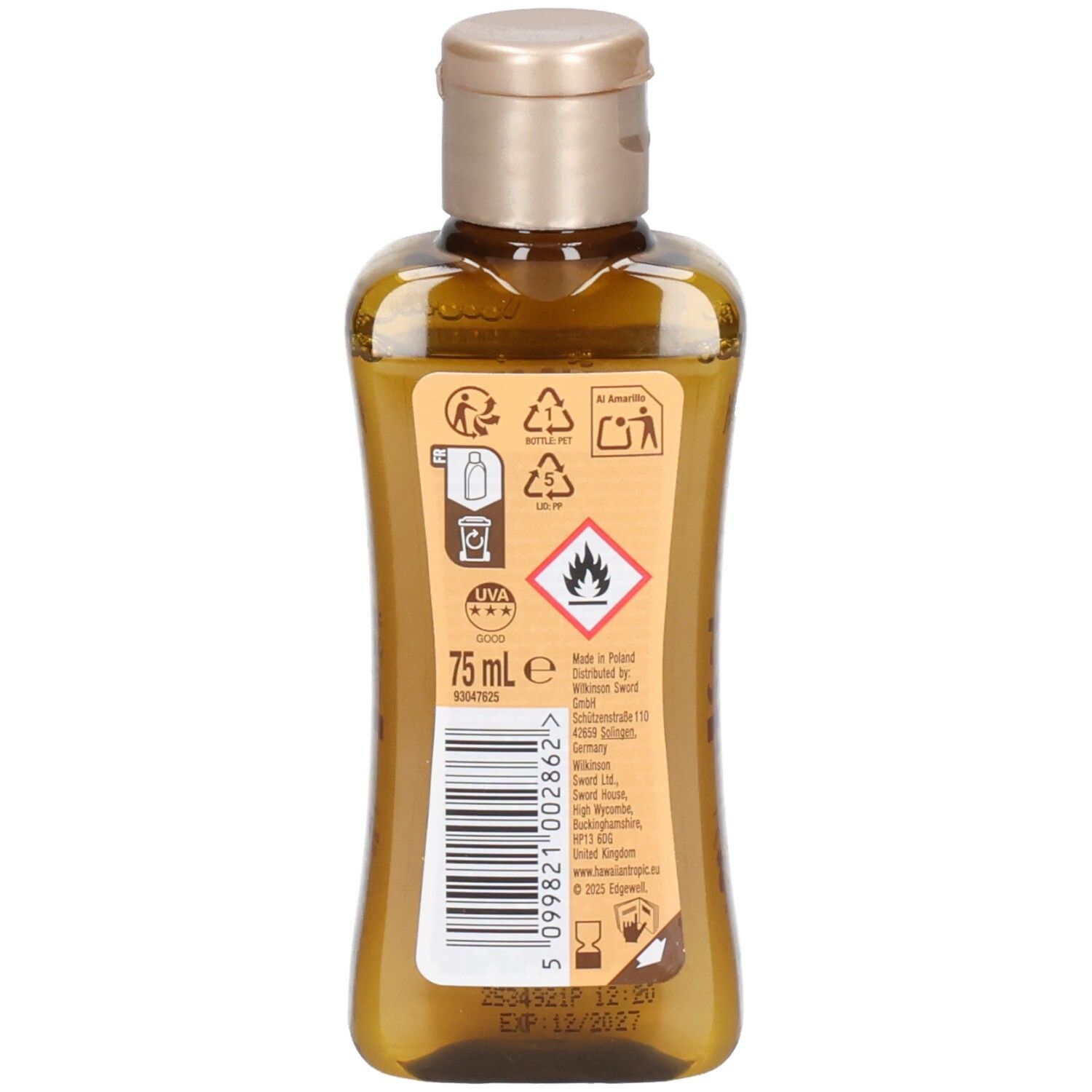 Dos du flacon brun. Contient des informations sur les ingrédients, les avertissements et les symboles de recyclage. Volume: 75 ml.