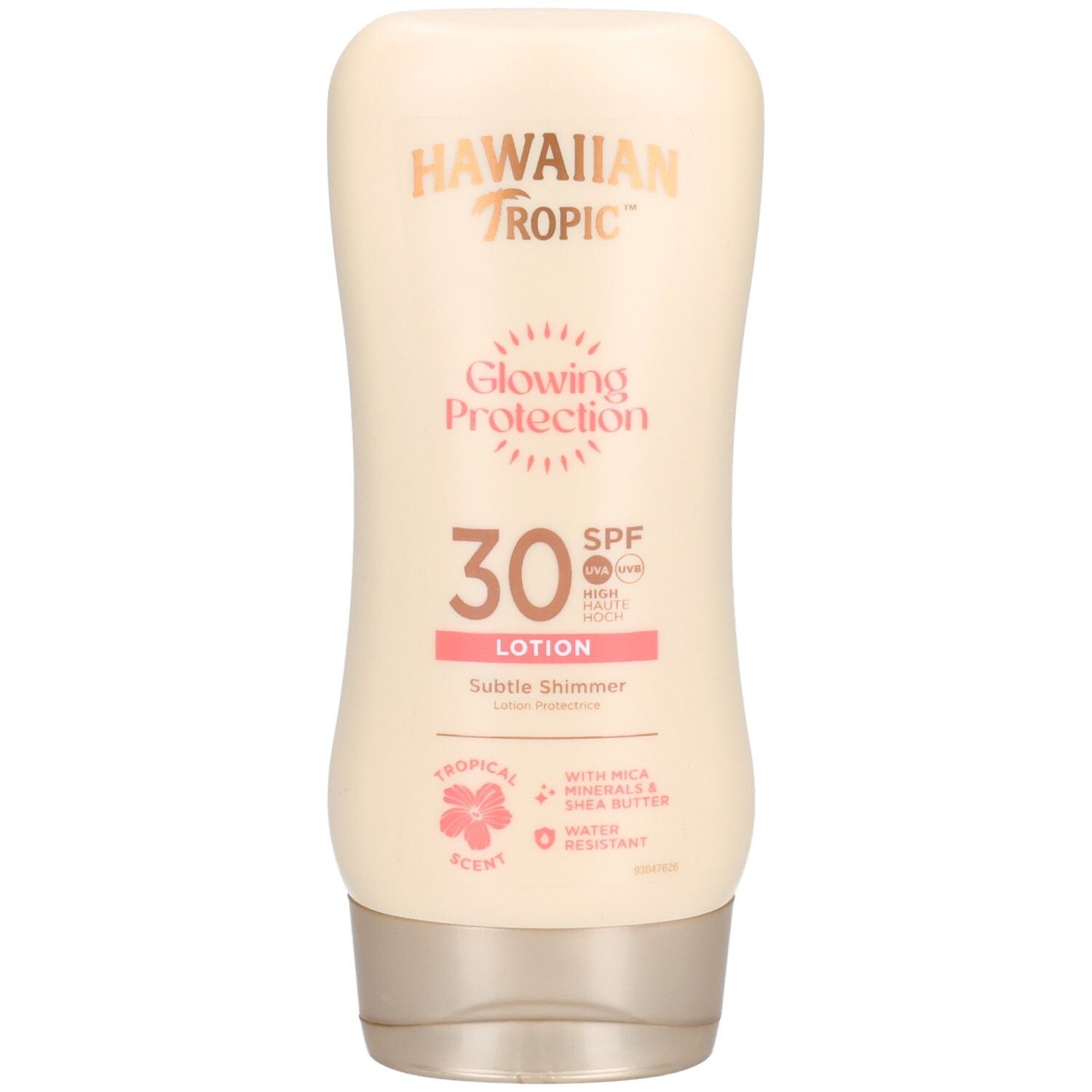 Flacon de lotion beige avec accents roses et dorés. Texte : Hawaiian Tropic, Glowing Protection, SPF 30, Lotion, Subtle Shimmer.