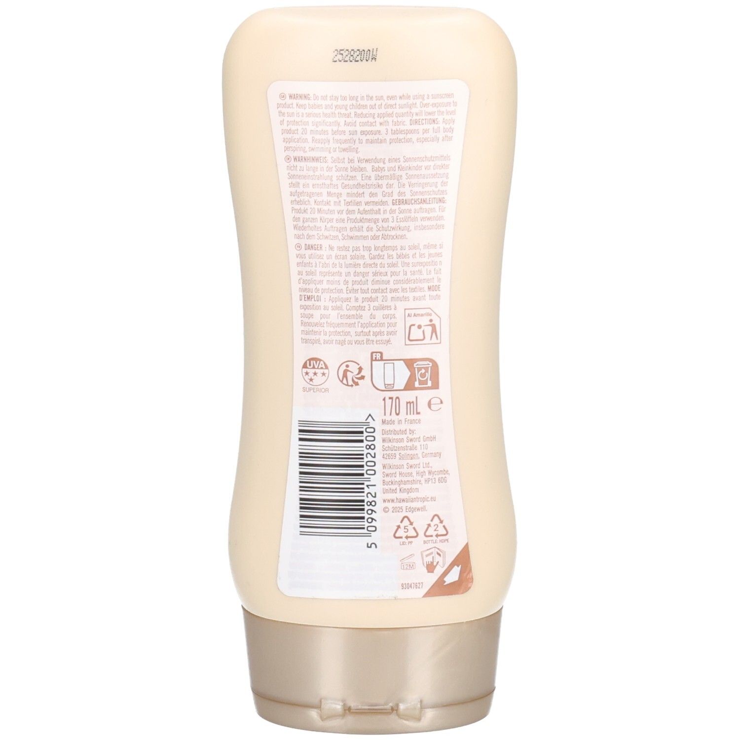 Dos d'un flacon de lotion beige. Étiquette avec texte et code-barres. En bas : 170 ml.