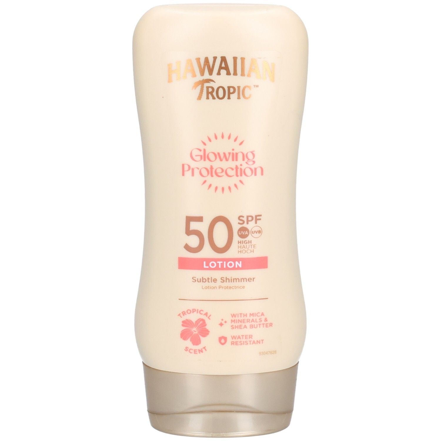 Flacon de lotion beige. Inscription: Hawaiian Tropic, Glowing Protection, SPF 50. Étiquette rose avec texte. Motif floral tropical.