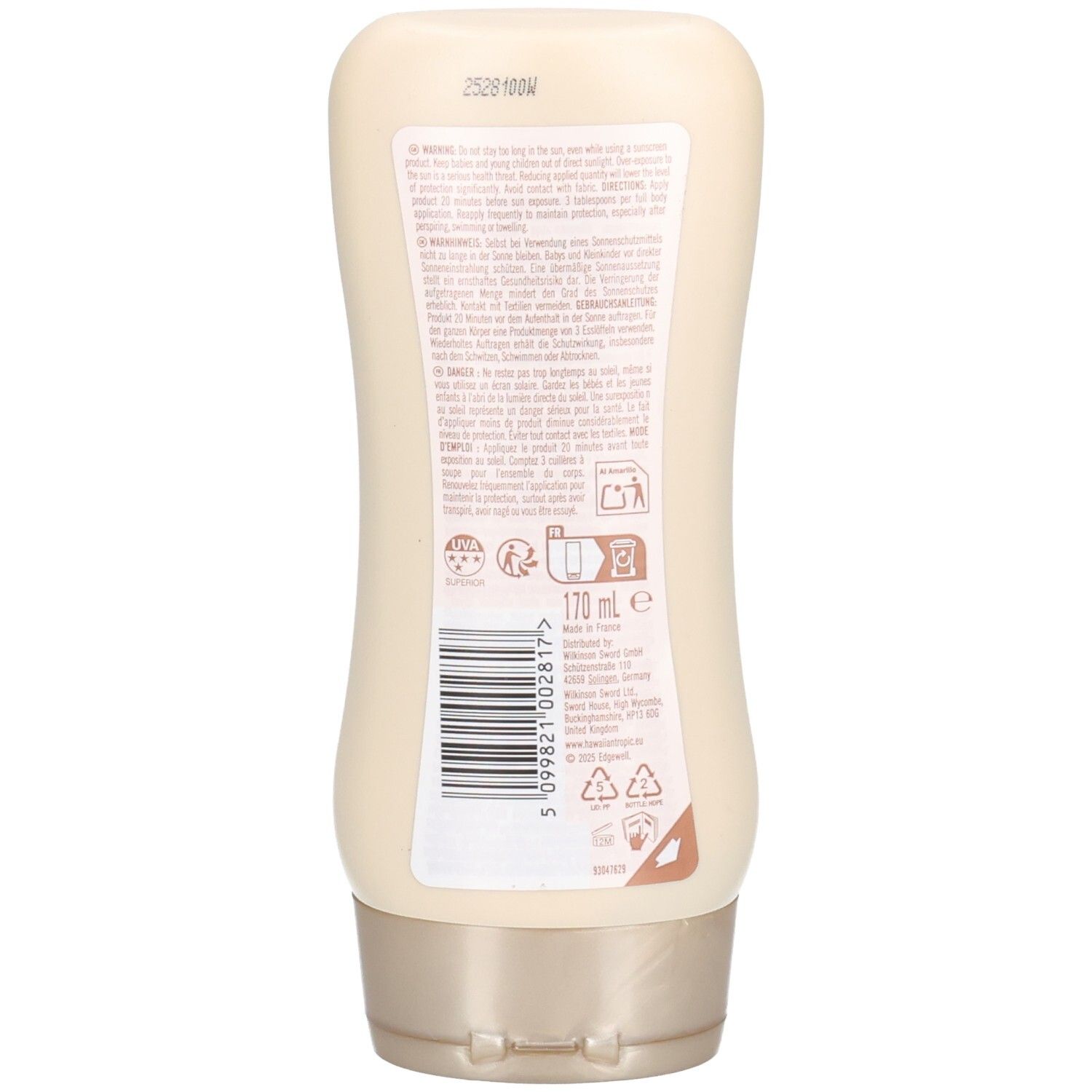 Dos du flacon de lotion. Texte et code-barres. Informations sur les ingrédients et l'utilisation. Indication de volume de 170 ml.