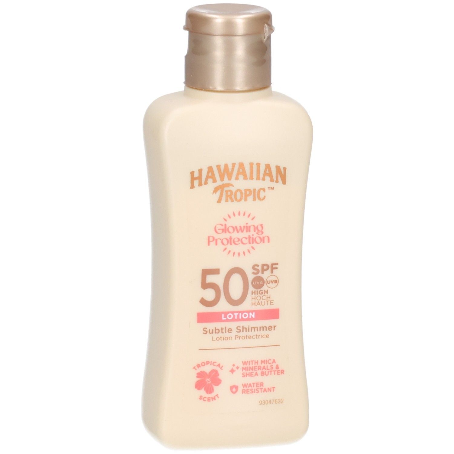 Flacon de lotion beige avec bouchon doré. Inscription: Hawaiian Tropic, Glowing Protection, SPF 50, Lotion. Avec Mica & Beurre de karité.