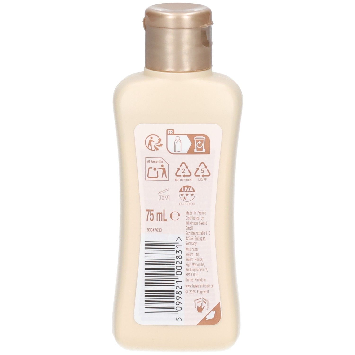 Dos du flacon de lotion. Contient des informations et des symboles. 75 ml.