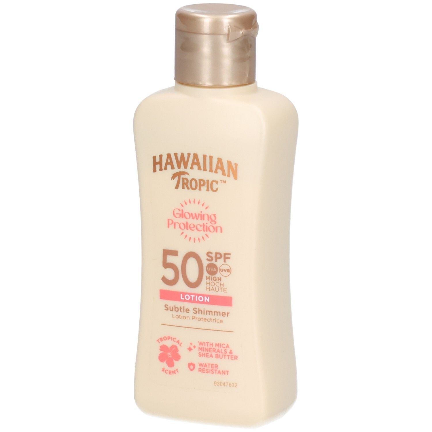 Flacon de lotion beige avec bouchon doré. Inscription: Hawaiian Tropic, Glowing Protection, SPF 50, Lotion. Avec Mica & Beurre de karité.