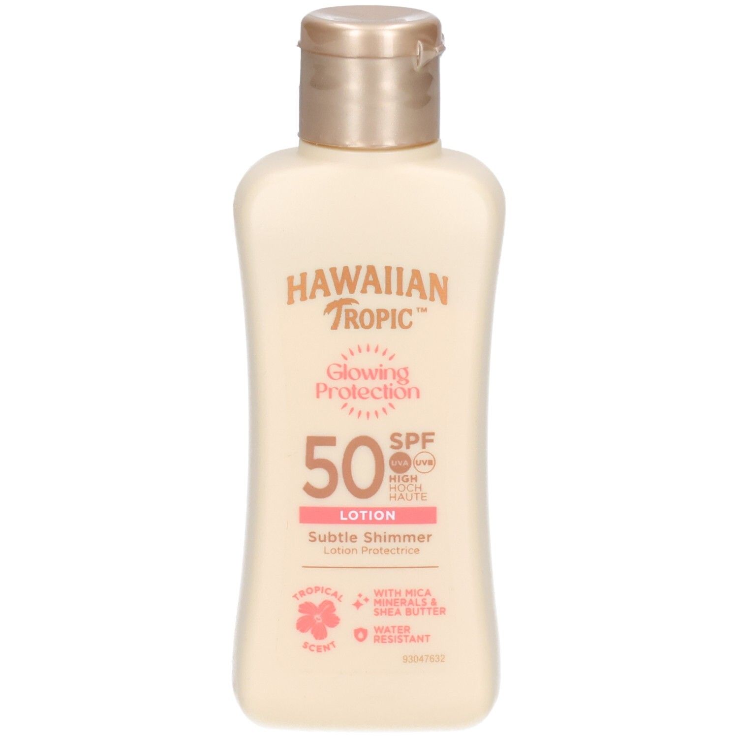Flacon de lotion beige avec bouchon doré. Inscription: Hawaiian Tropic, Glowing Protection, SPF 50, Lotion. Avec Mica & Beurre de karité.