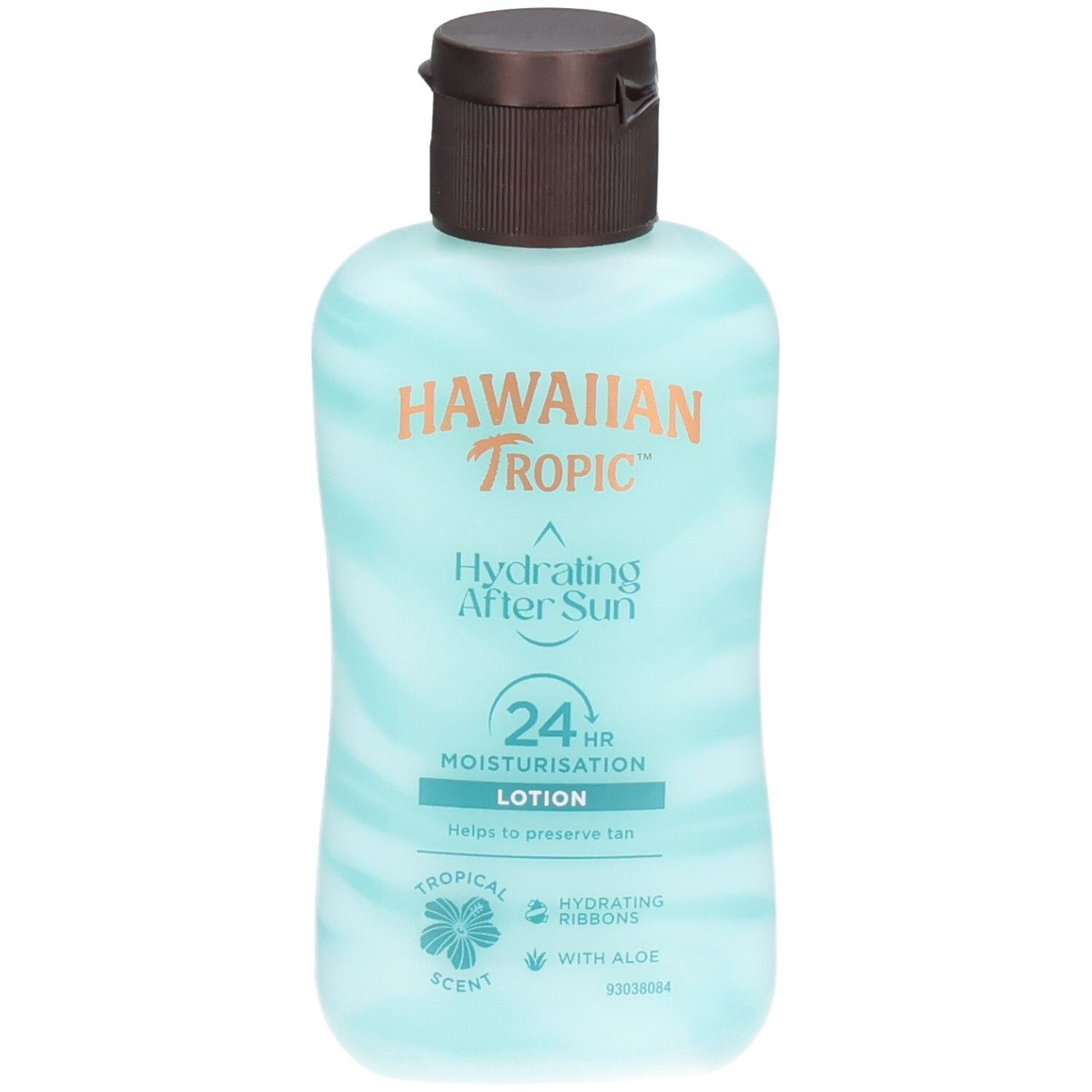 Flacon de lotion après-soleil Hawaiian Tropic. Bouchon marron. Inscription: Hydrating After Sun Lotion. Avec aloe.