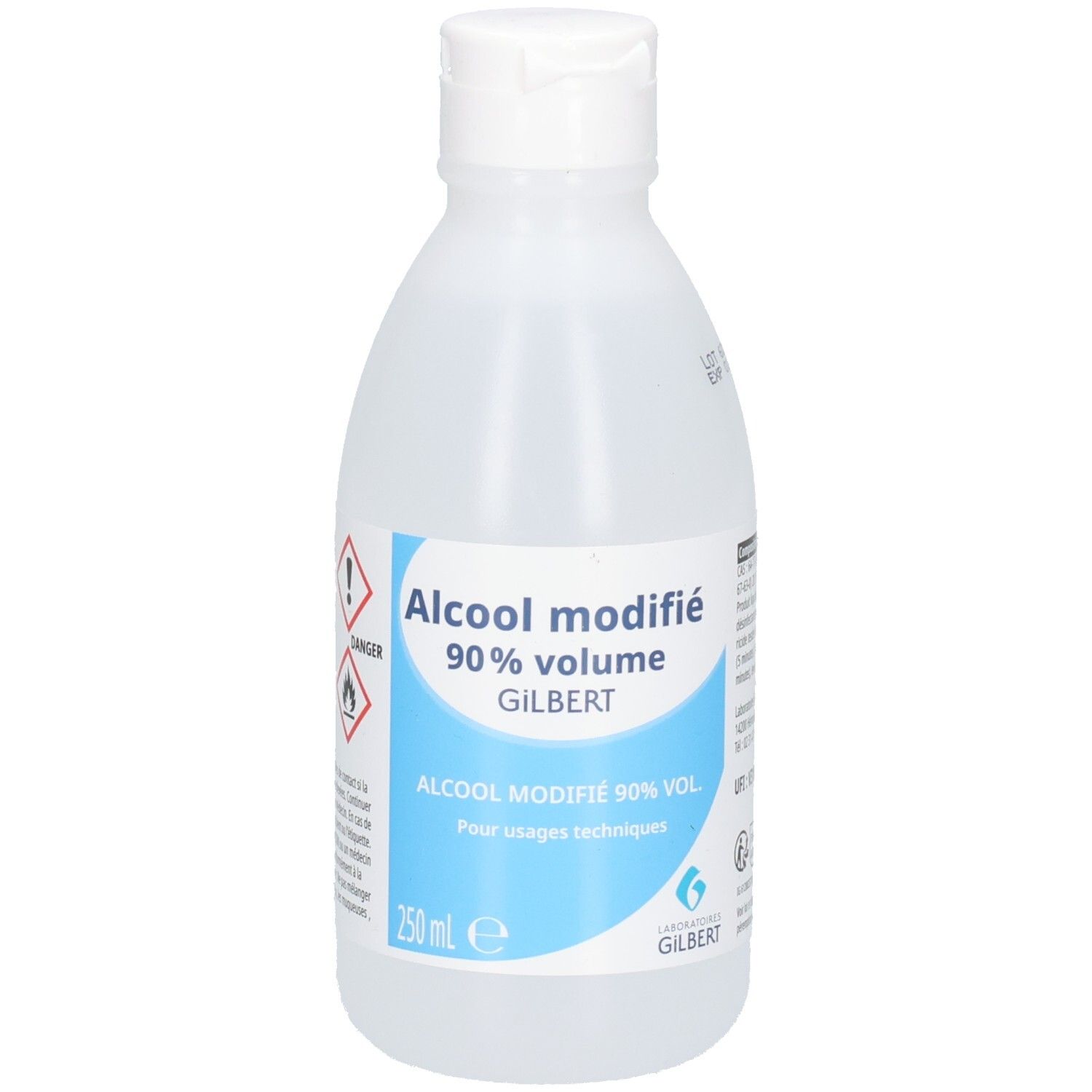 Flacon avec bouchon blanc. Inscription: Alcool modifié 90% volume, Gilbert. 250 ml. Symboles de danger.