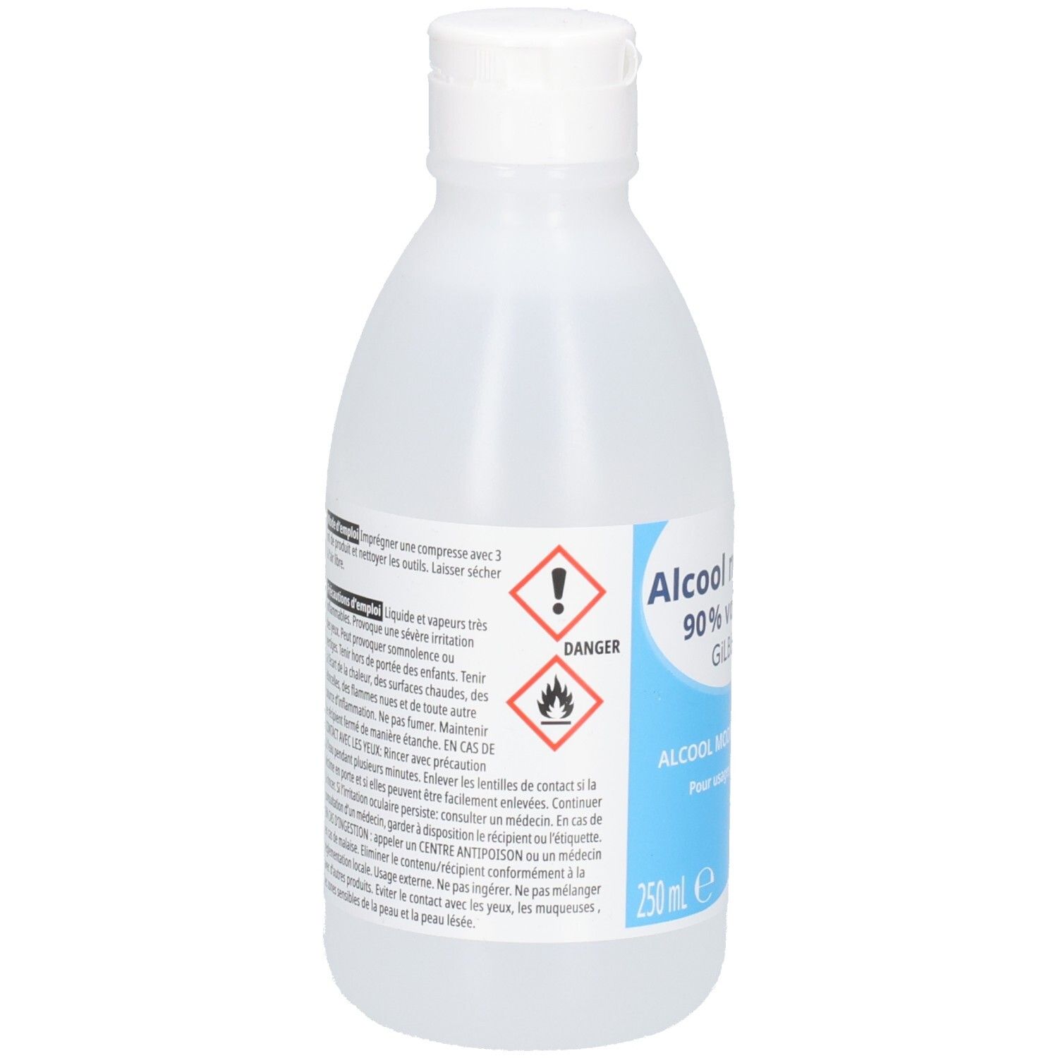 Flacon avec bouchon blanc. Inscription: Alcool modifié 90% volume, Gilbert. Symboles de danger. 250 ml.