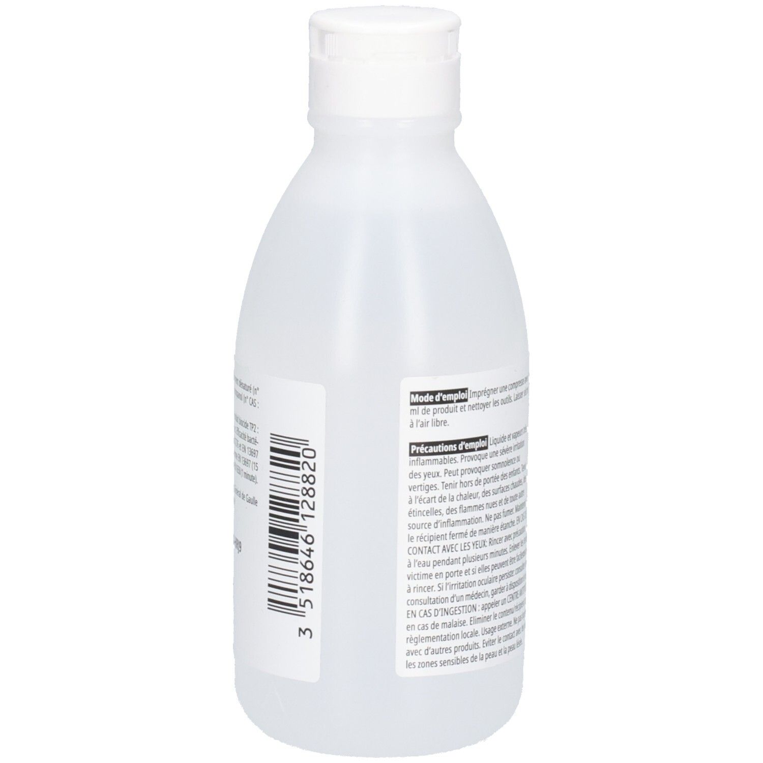 Flacon avec bouchon blanc. Étiquette avec code-barres et texte. Verso du flacon.