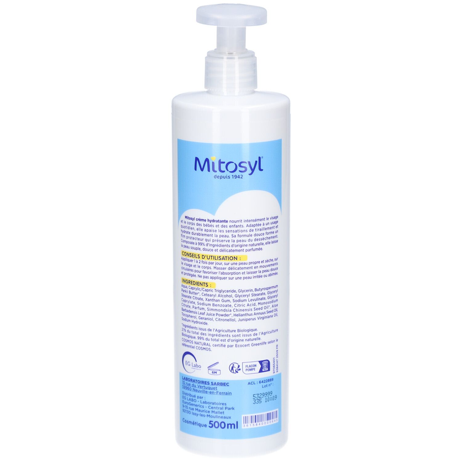 Flacon blanc avec pompe. Dos avec texte et logos. Inscription: 500ml.