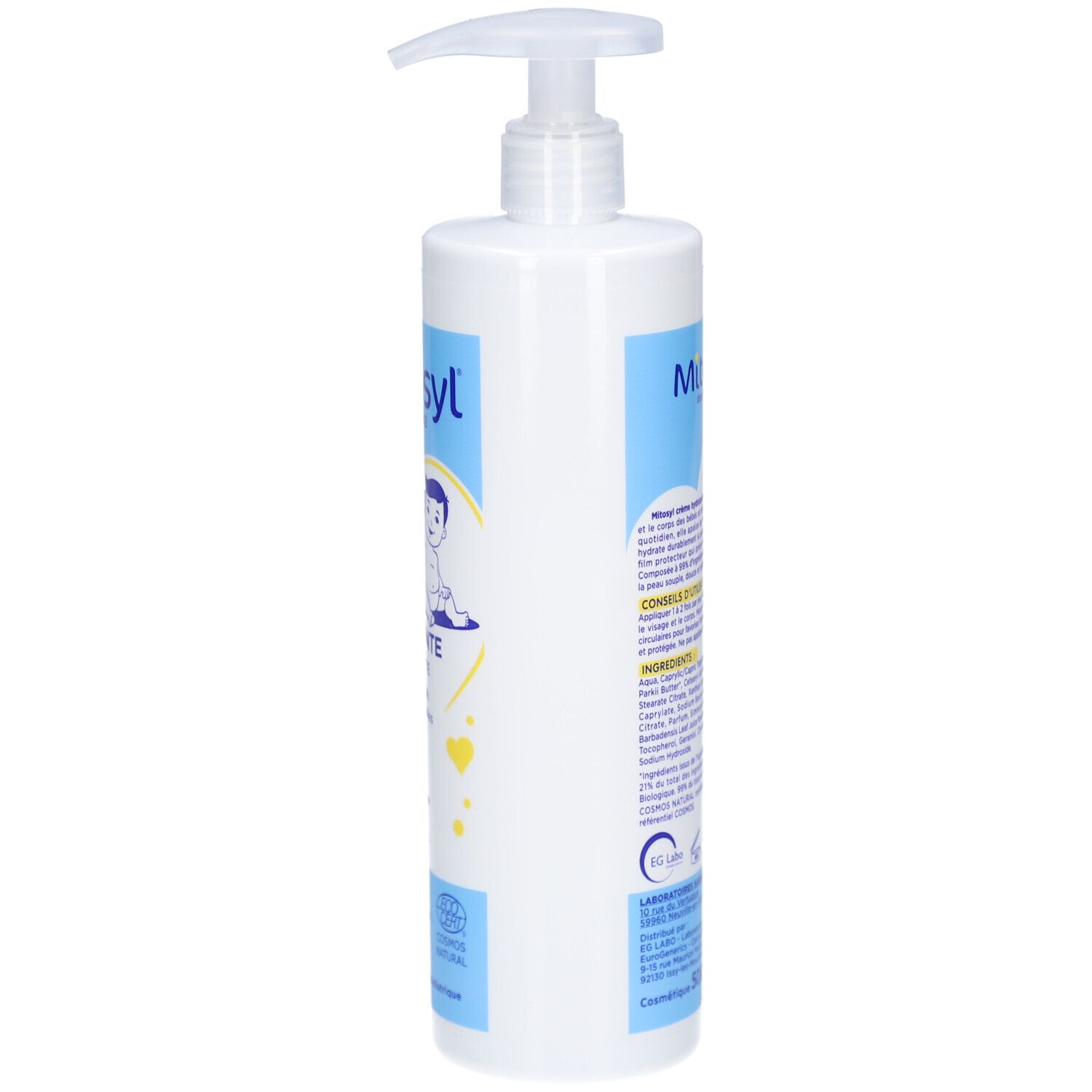 Flacon blanc avec pompe. Texte et logos sur le côté. Bande bleue avec texte.