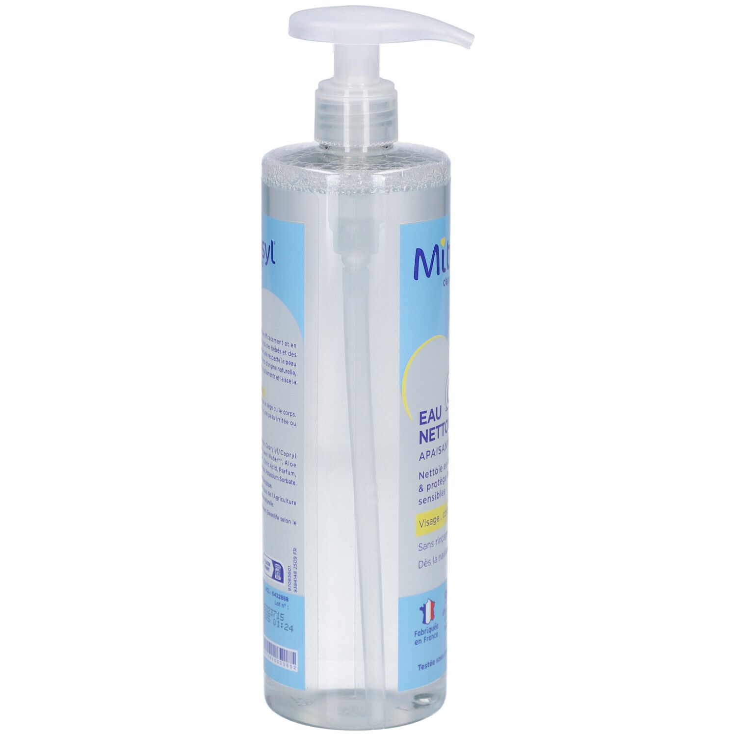 Flacon transparent avec pompe. Inscription: Mitosyl, Eau Nettoyante Apaisante. Dos avec texte et ingrédients. Certification COSMOS NATURAL.