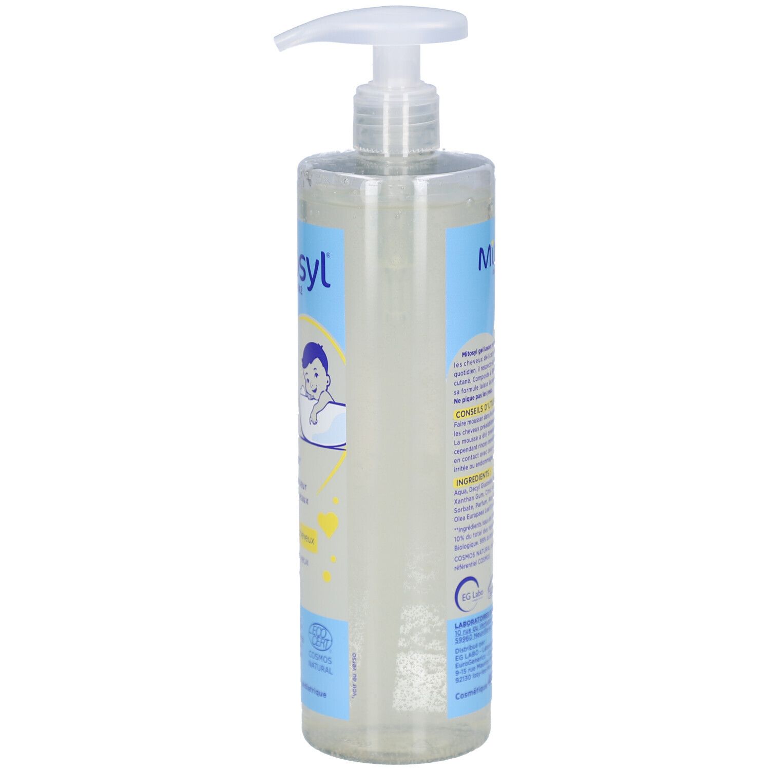 Flacon transparent avec pompe doseuse. Inscription: Mitosyl. Texte en français. Vue arrière du produit.