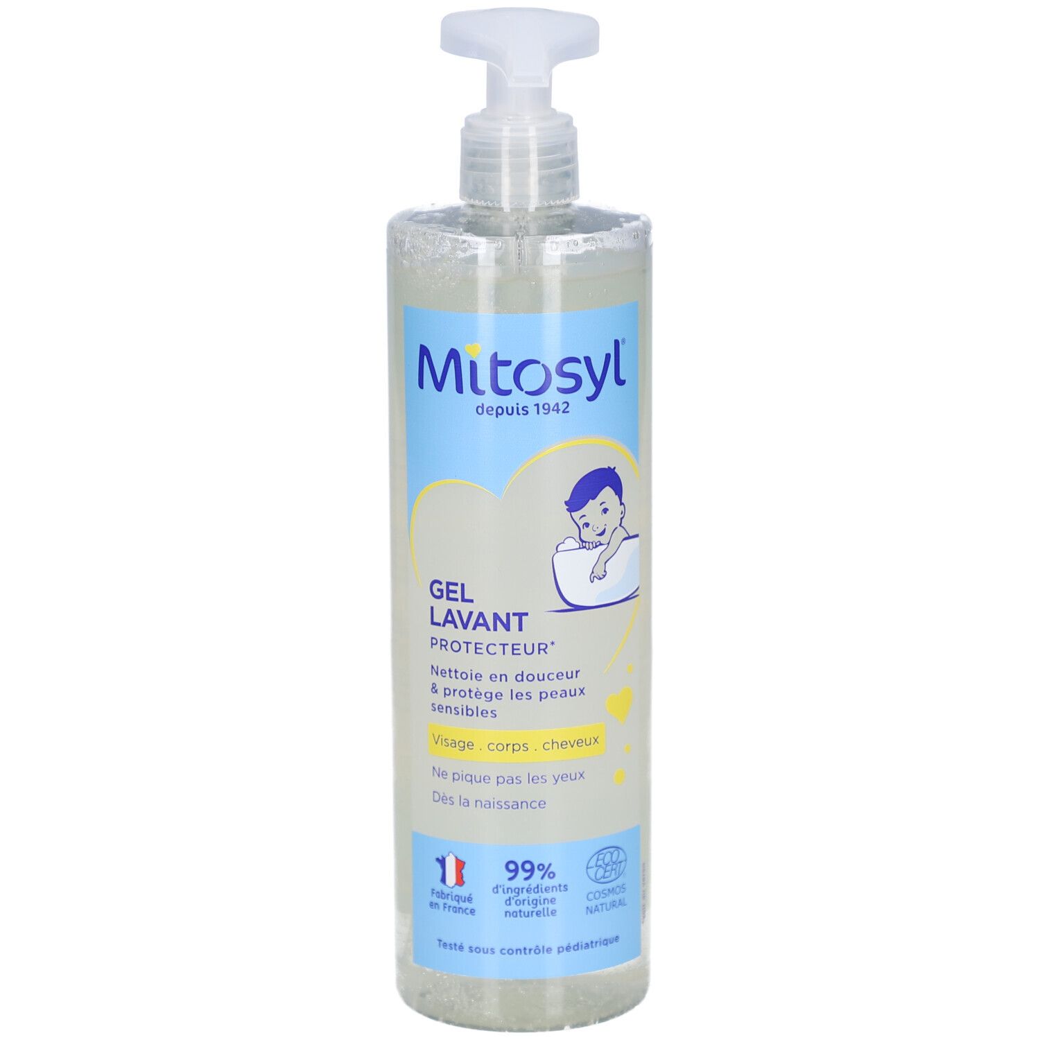 Flacon transparent avec pompe doseuse. Inscription: Mitosyl, Gel Lavant Protecteur. Pour visage, corps et cheveux. Illustration bébé.