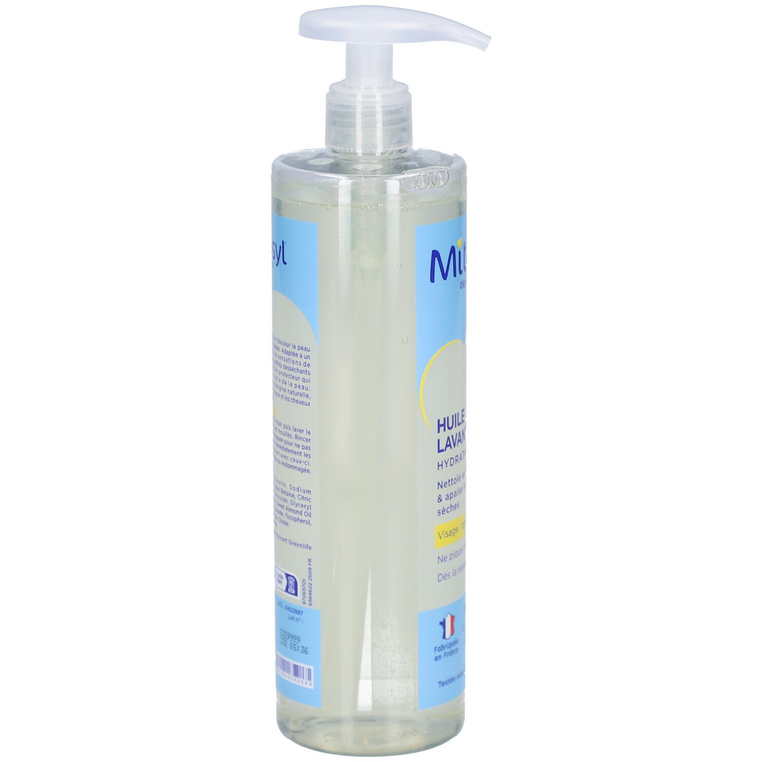 Flacon transparent MITOSYL Huile Lavante Hydratante avec pompe. Étiquettes bleues et blanches avec texte. Vue latérale.