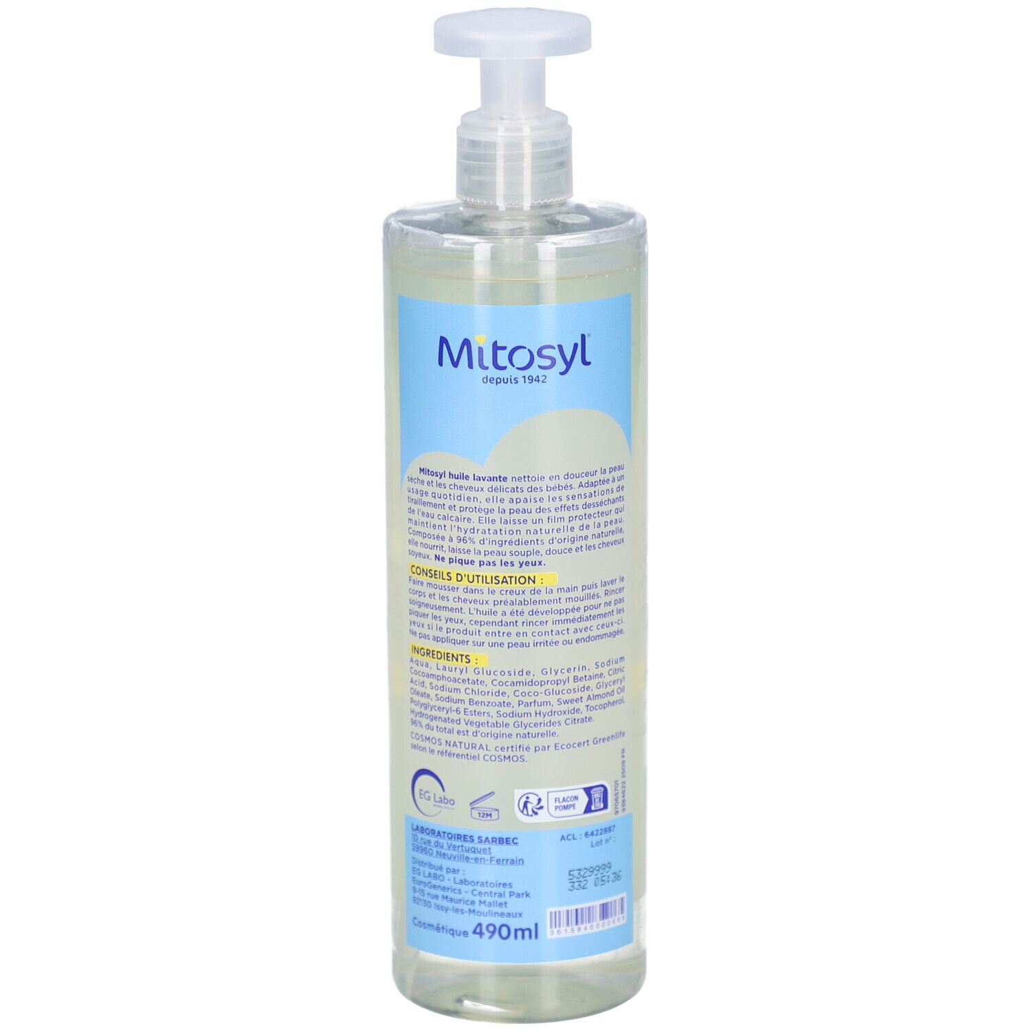 Dos du flacon MITOSYL Huile Lavante Hydratante. Texte, ingrédients, certifications et volume 490ml.