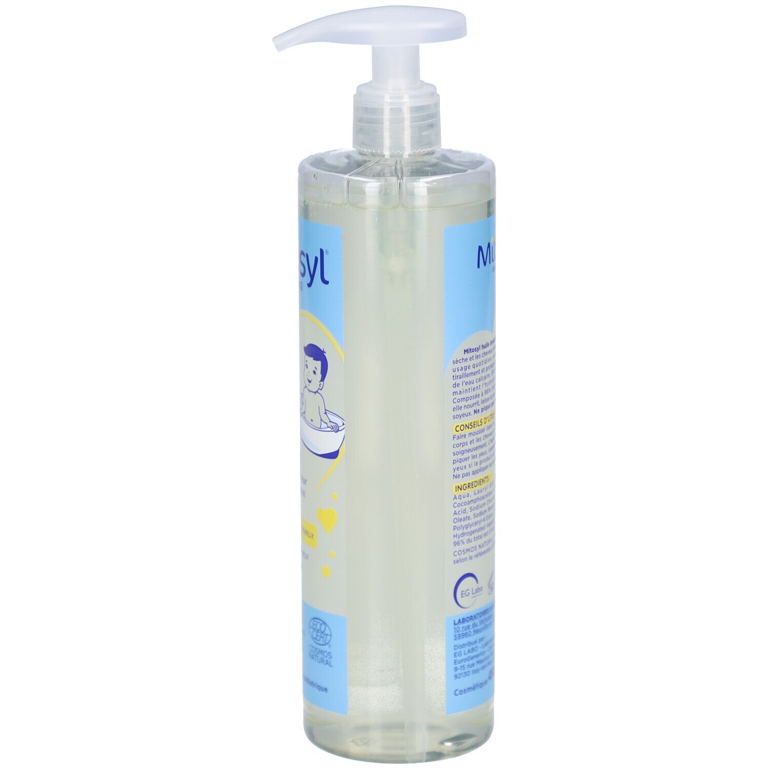 Flacon transparent MITOSYL Huile Lavante Hydratante avec pompe. Étiquettes bleues et blanches avec texte. Vue latérale.