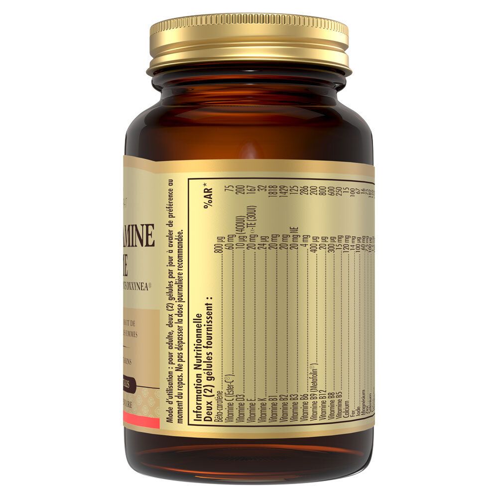 Dos du flacon en verre brun. Étiquette avec informations nutritionnelles et ingrédients.