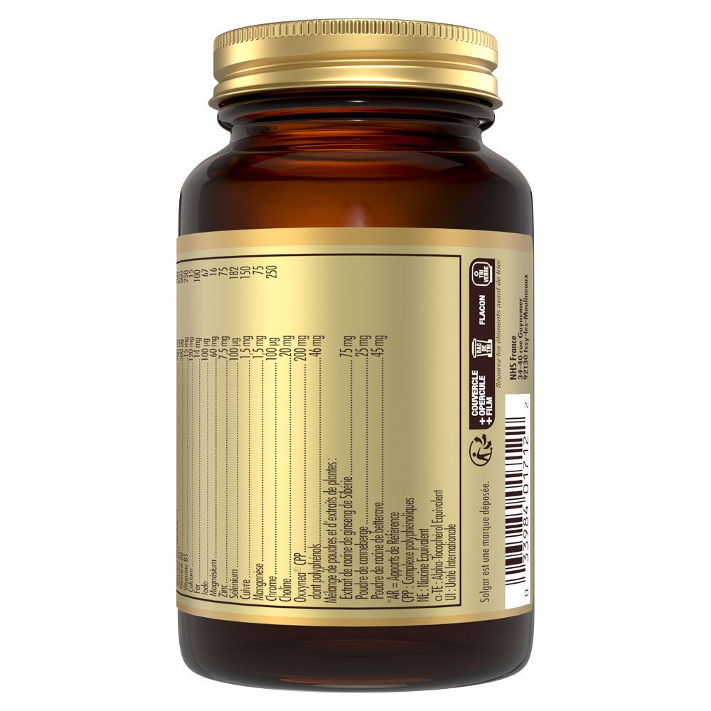 Dos du flacon en verre brun. Étiquette avec informations nutritionnelles et ingrédients.