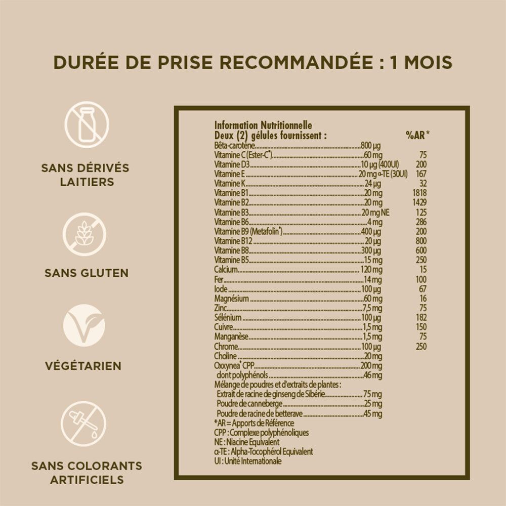 Étiquette avec informations nutritionnelles. Texte : Sans produits laitiers, sans gluten, végétarien, sans colorants artificiels.