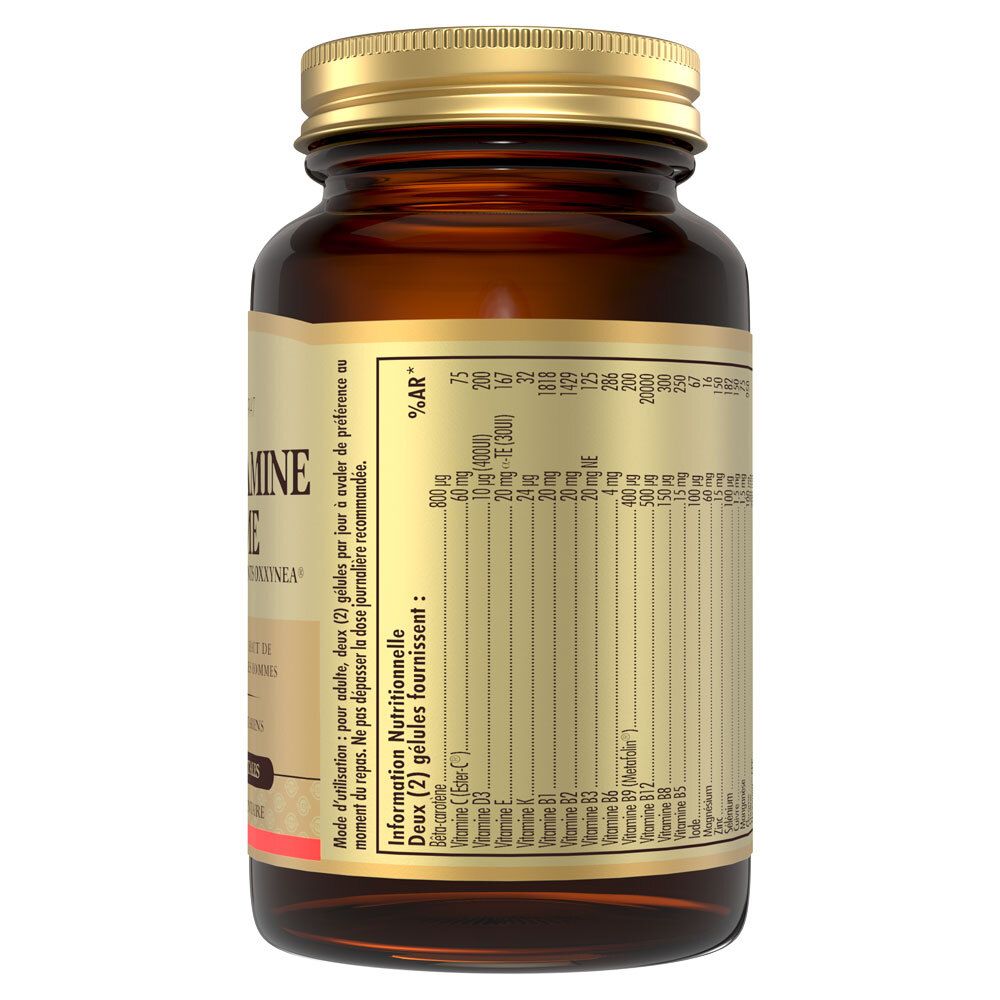 Dos du flacon. Étiquette avec informations nutritionnelles. Texte en français. Flacon brun, bouchon doré.