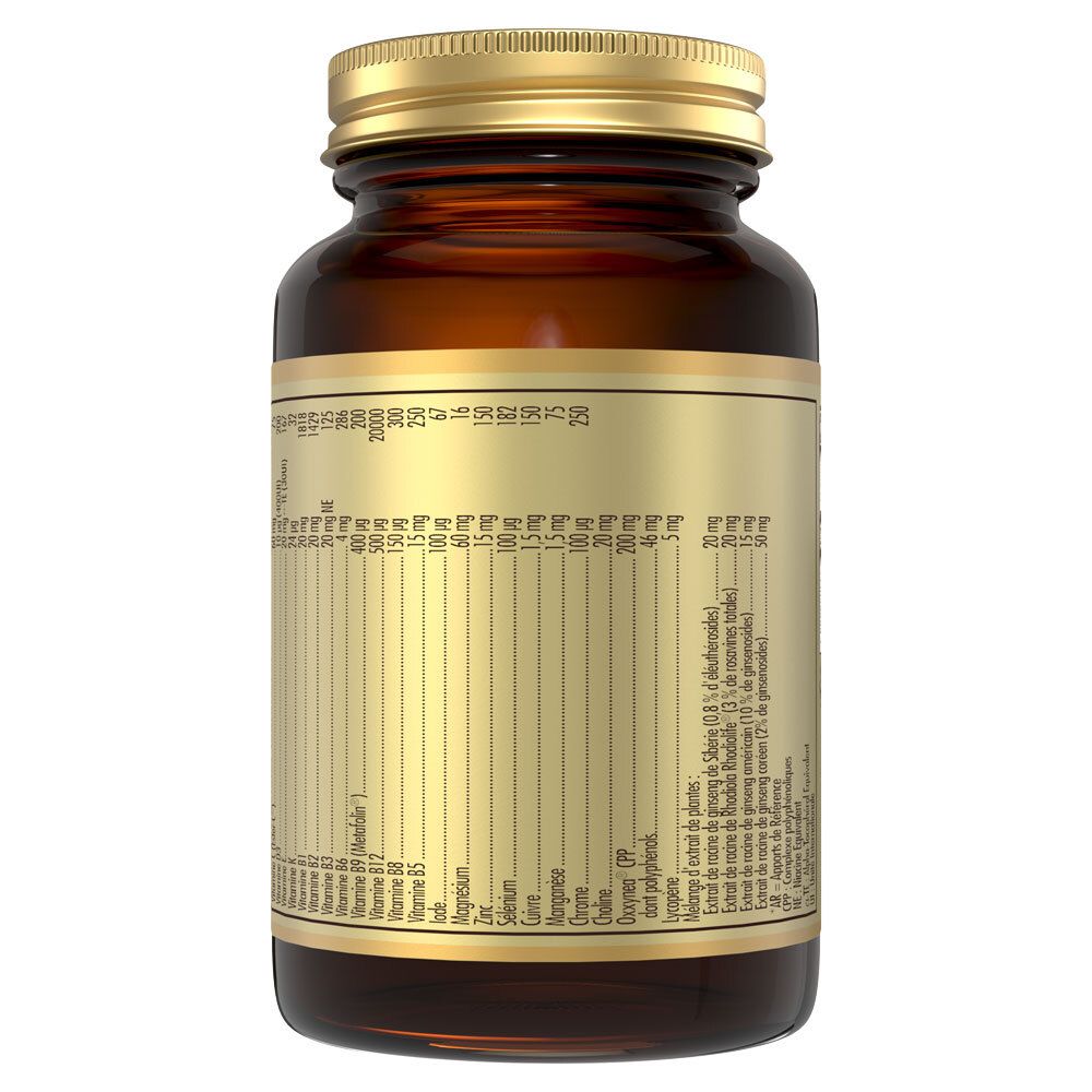 Dos du flacon. Étiquette avec informations nutritionnelles et ingrédients. Flacon brun, bouchon doré.