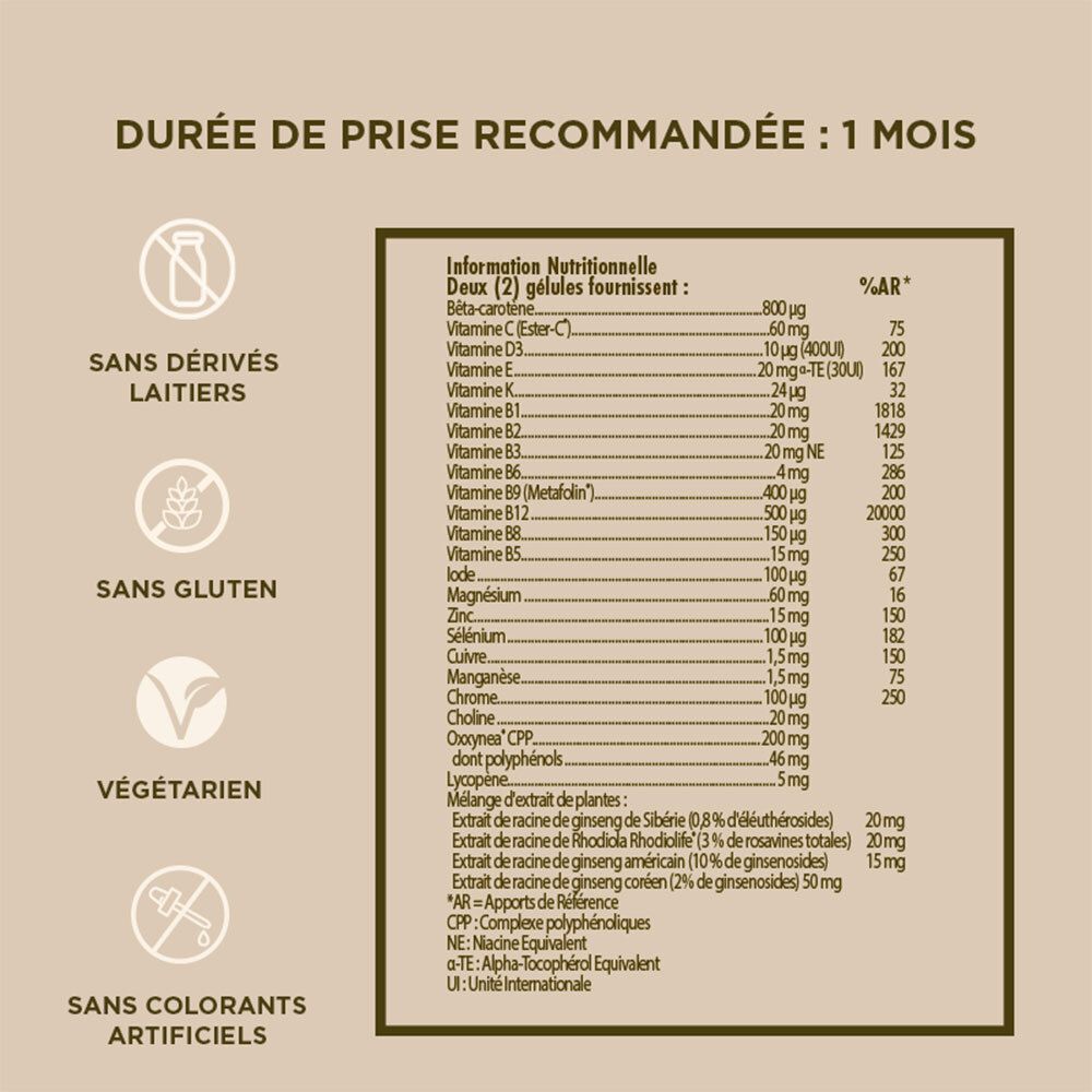 Étiquette avec informations: Sans produits laitiers, Sans gluten, Végétarien, Sans colorants artificiels. Informations nutritionnelles.