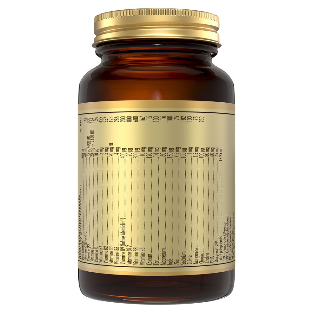 Dos du flacon. Étiquette avec informations nutritionnelles et ingrédients. Bouchon doré.