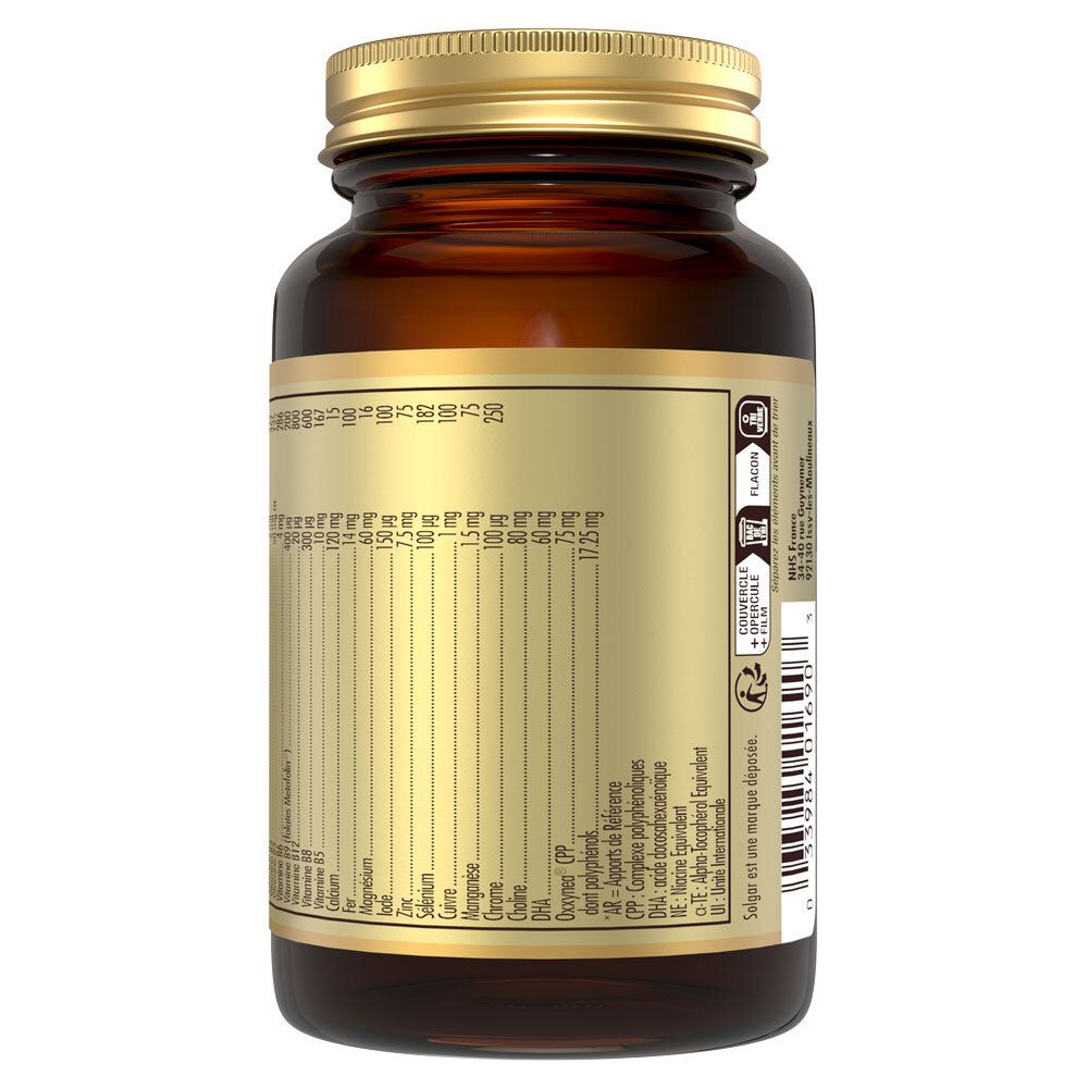 Dos du flacon. Étiquette avec informations nutritionnelles et ingrédients. Bouchon doré.