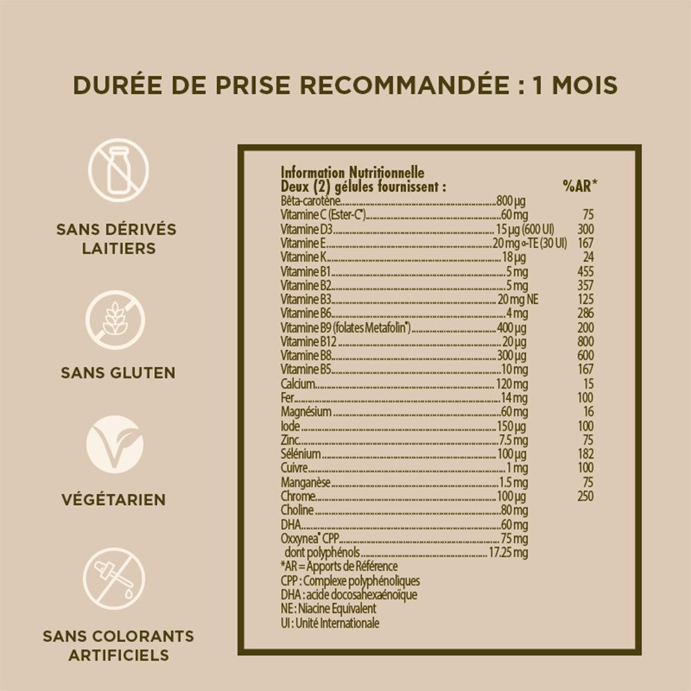 Tableau nutritionnel avec informations sur les vitamines et minéraux. Contient des informations sur les ingrédients et la valeur nutritionnelle.