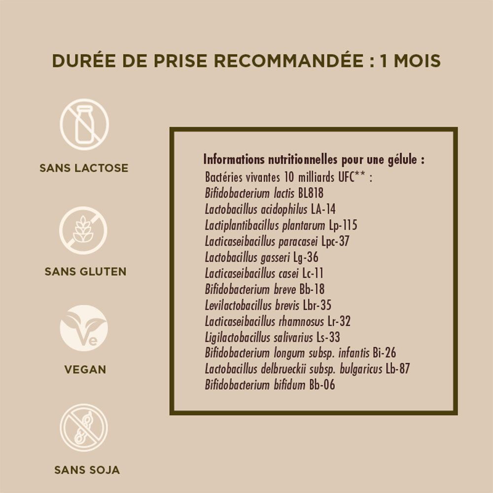 Texte avec informations sur les ingrédients, les allergènes et la prise recommandée. Texte en français.