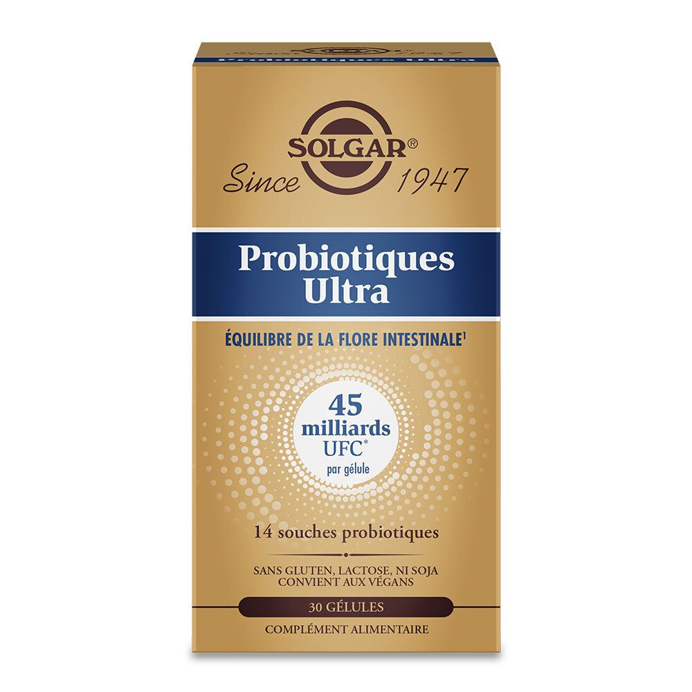 Boîte dorée. Écrit en bleu : Probiotiques Ultra. 45 milliards UFC. 14 souches. 30 gélules. Sans gluten, lactose, soja, convient aux végétaliens.