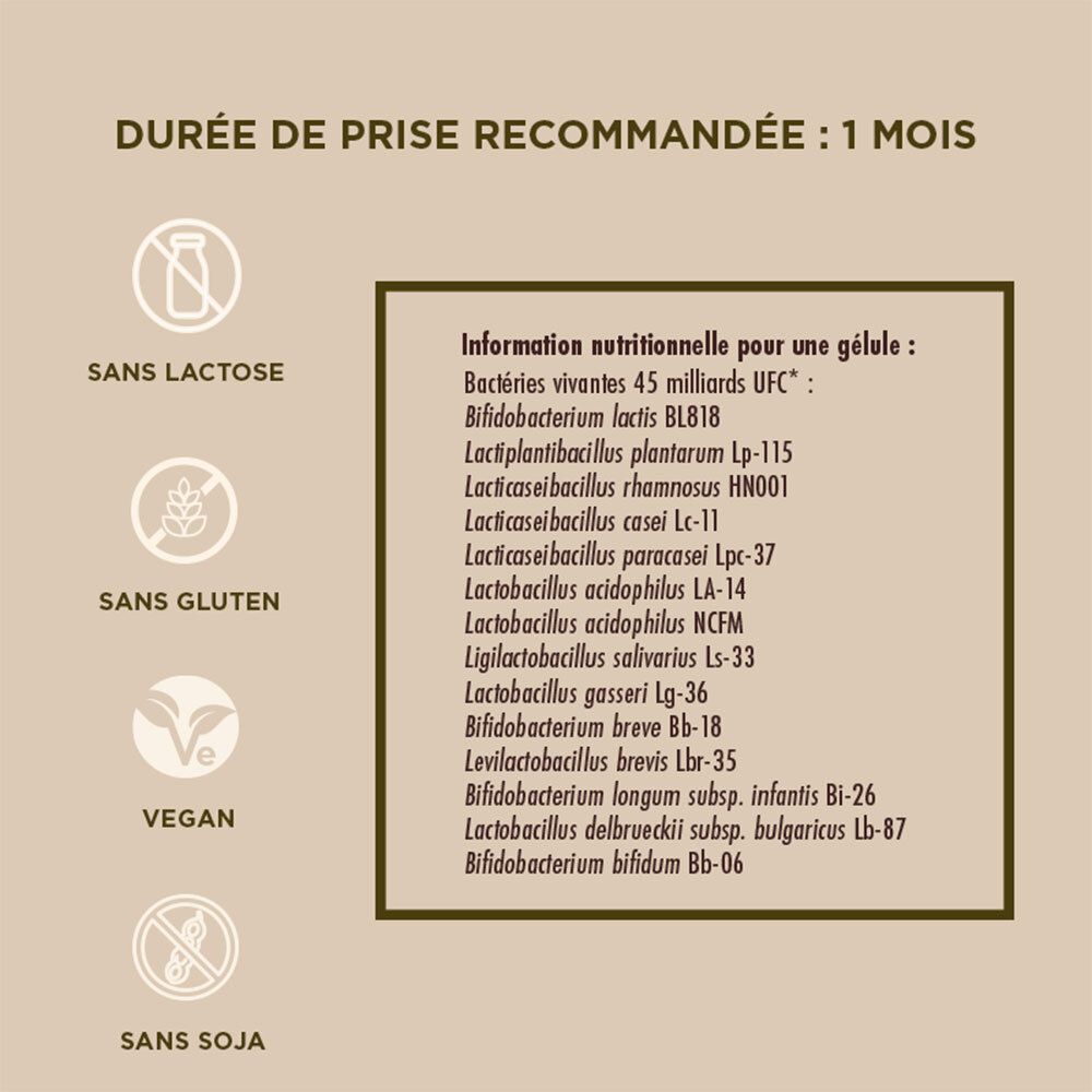 Texte sur fond crème. Informations sur les ingrédients, sans lactose, gluten, soja et végétalien.