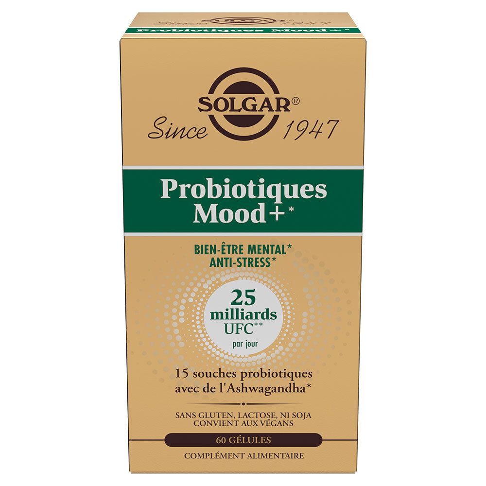 Boîte en carton beige. Logo SOLGAR. "Probiotiques Mood+". 25 milliards UFC. 60 gélules. Sans gluten, lactose, soja.