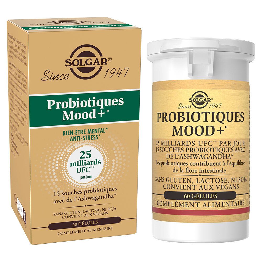 Boîte et flacon blanc. Logo SOLGAR. "Probiotiques Mood+". 25 milliards UFC. 60 gélules. Sans gluten, lactose, soja.