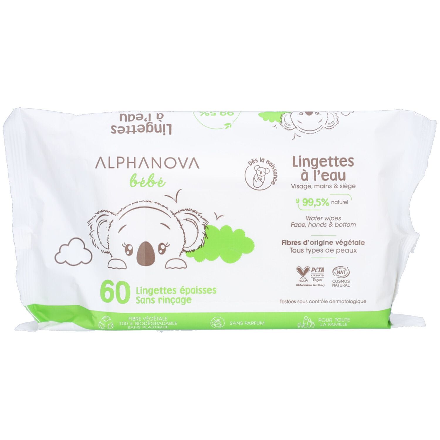 Paquet blanc avec détails verts. Inscription: ALPHANOVA bébé, 60 lingettes, 99,5% naturel. Illustration koala.