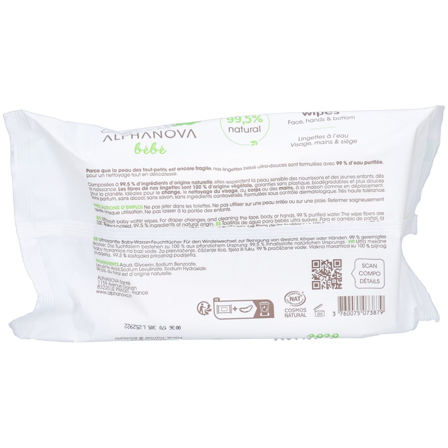 Dos du paquet. Texte multilingue. Code QR et logo COSMOS NATURAL.