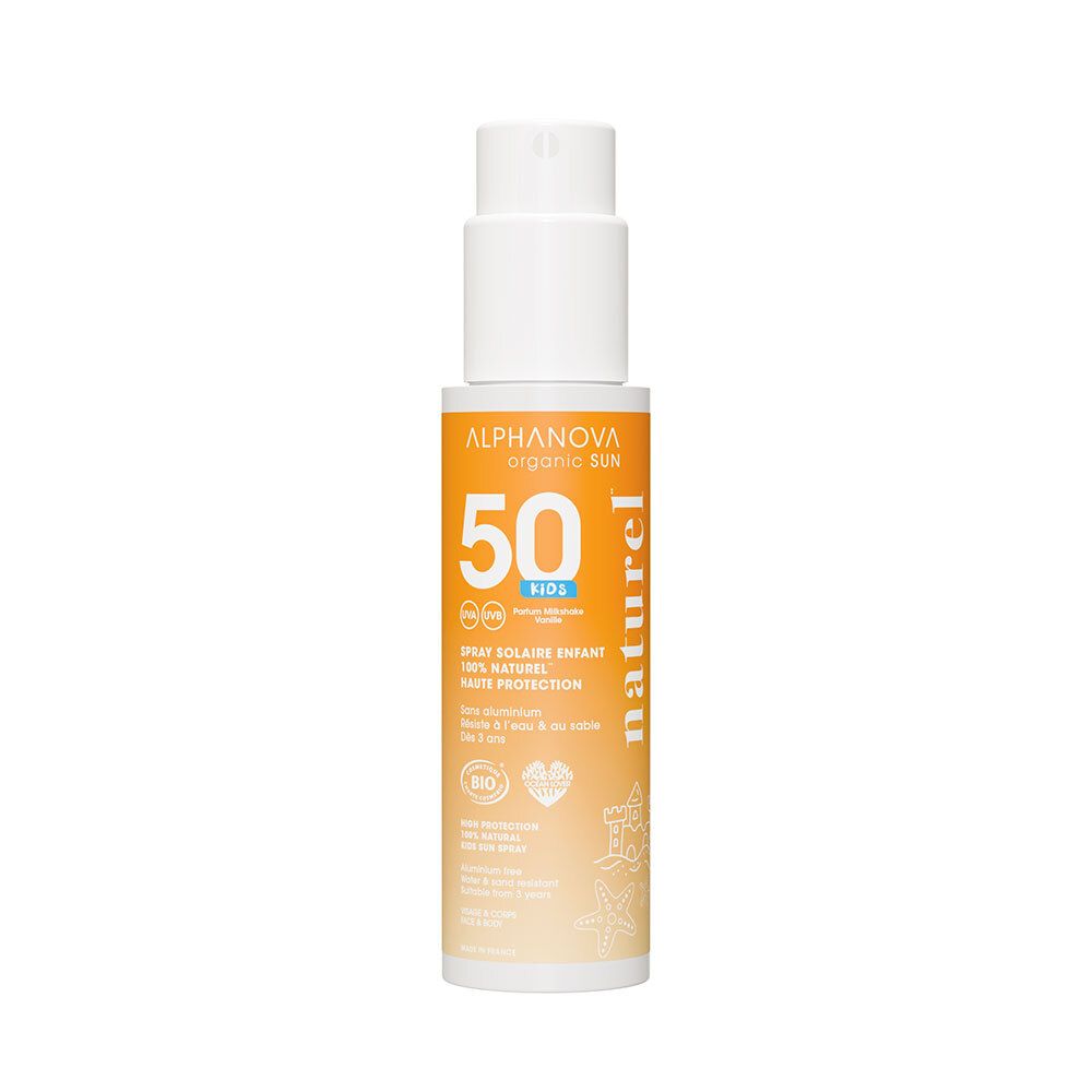 Spray solaire ALPHANOVA SUN SPF50 pour enfants. Pompe blanche sur flacon orange. Texte : SPF50, BIO, naturel.